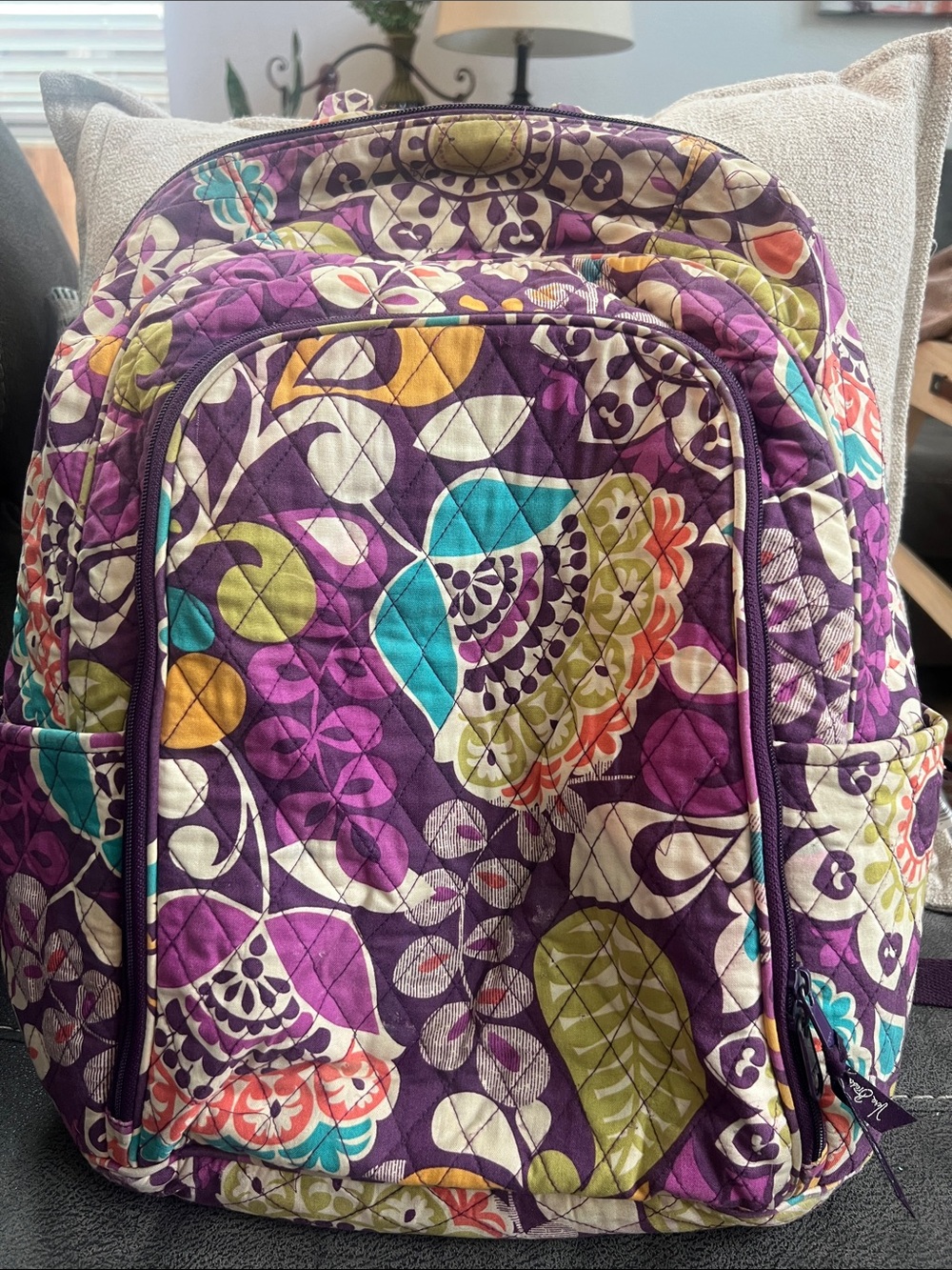 Quilted Floral Purple Women’s Backpack, two large pockets with computer sleeve